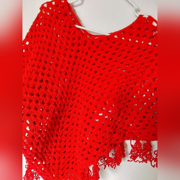 Crochet Poncho, Girl’s Size Large Red Color Handmade Crochet Poncho - Picture 3 of 7
